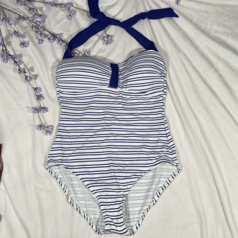 NEW Tommy Bahama‎ [SZ 10 ] Danubio Shirred Halter Swimsuit in White/Blue